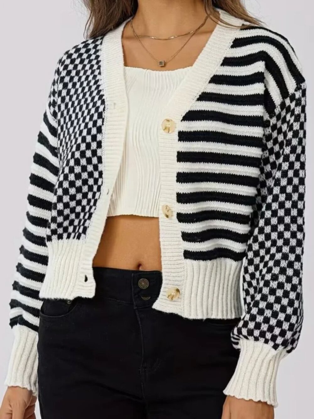 Checkered Striped Black & White V-Neck Cardigan - Picture 5 of 5